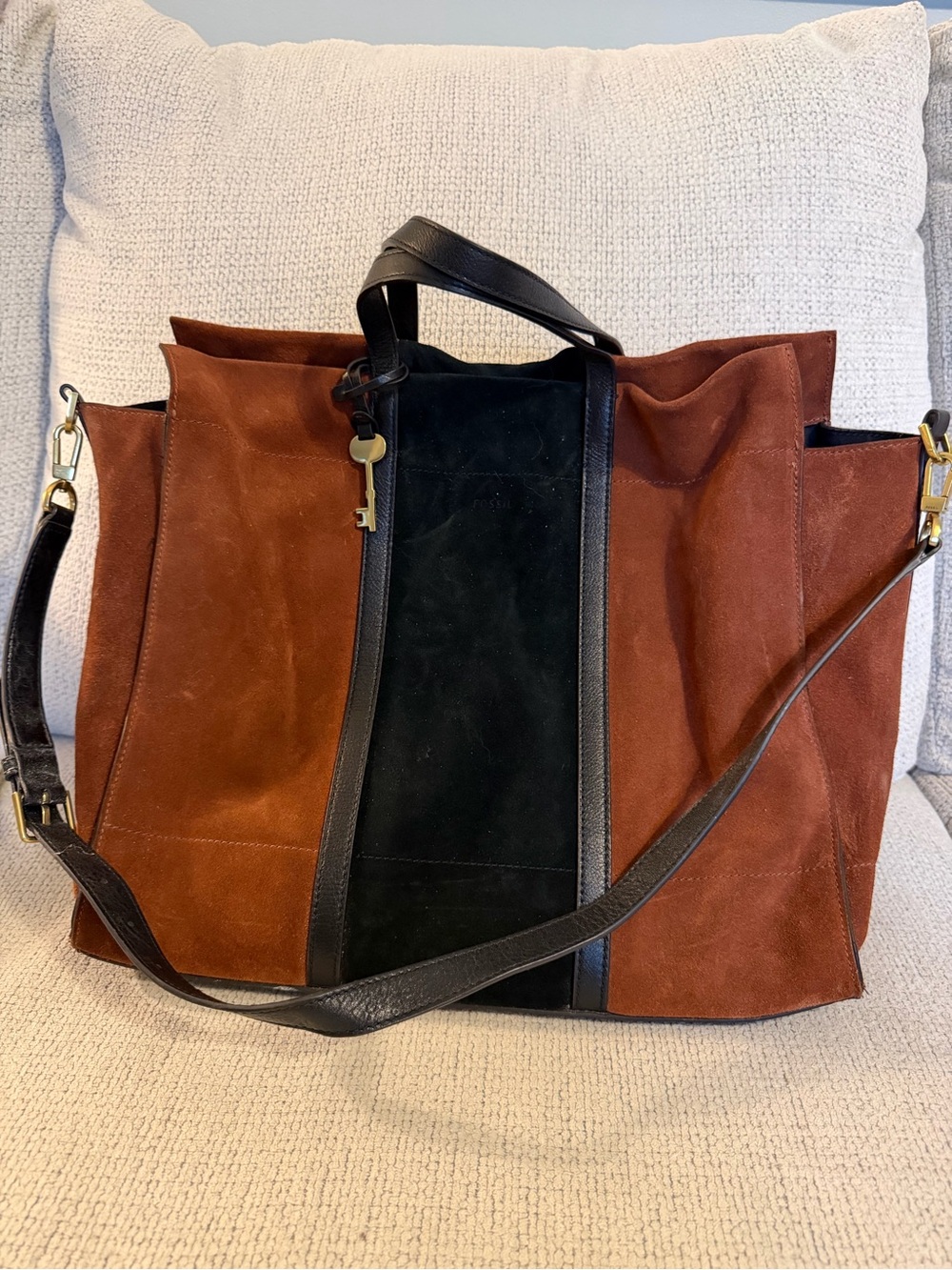 Fossil Suede Tote in Rust Brown with Black Center Panel